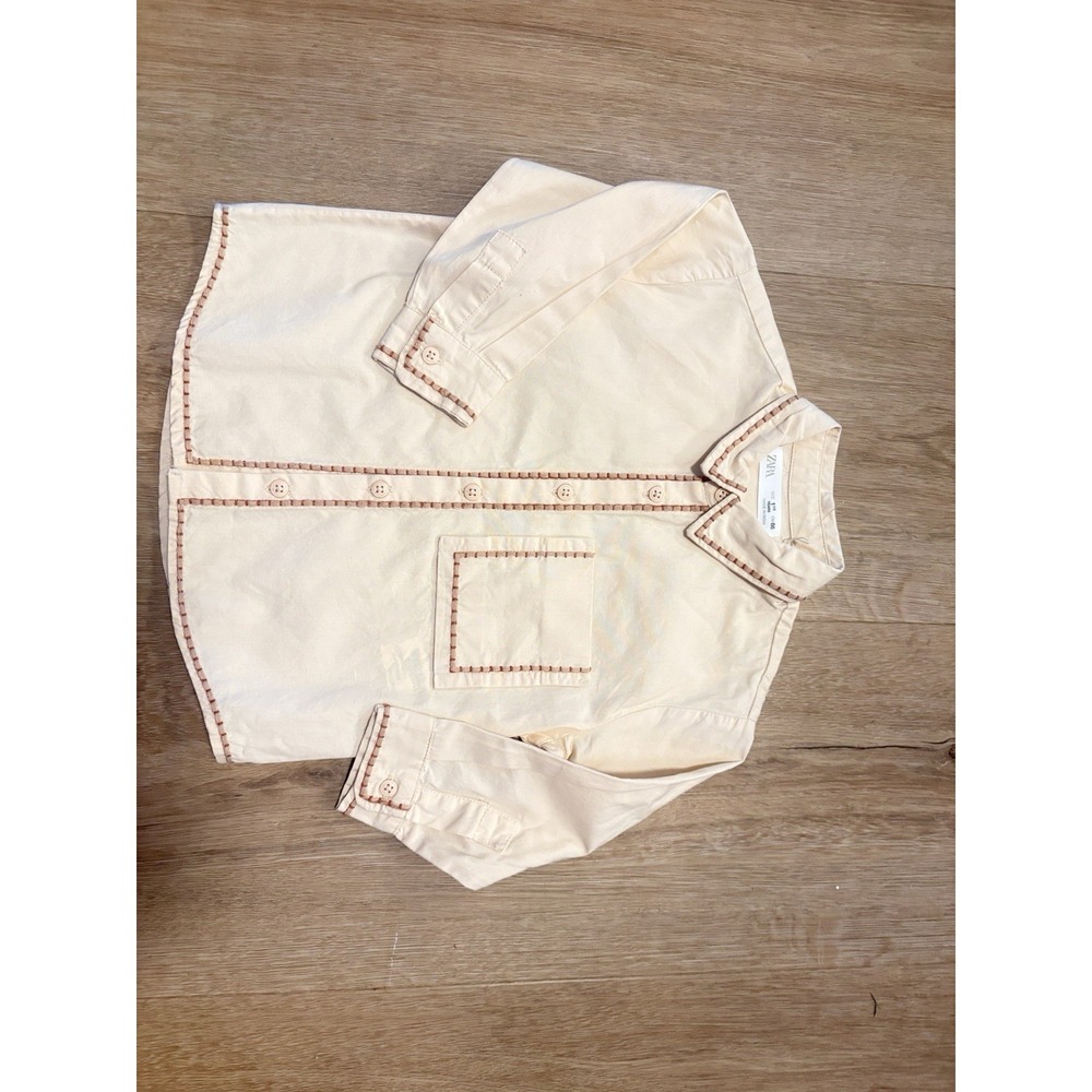 Zara Kids Cream Long Sleeve Shirt with Contrast Stitching Size 1.5Y / 86cm - Picture 2 of 5